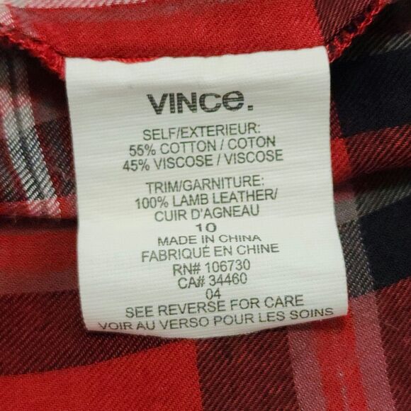 Vince. Womens Plaid Button-Down Shirt Red Black Long Sleeve Leather Band Size 10 - Picture 7 of 8
